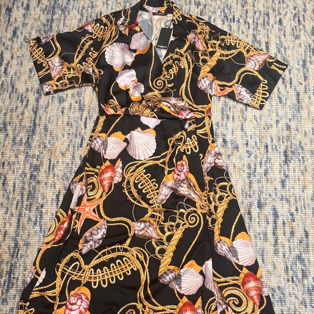 Ungaro Black and Gold Seashell Midi Dress